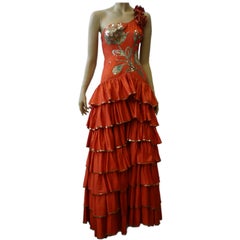 Seiden- und geraffter Flamenco-Kleid mit Pailletten aus den 1940er Jahren