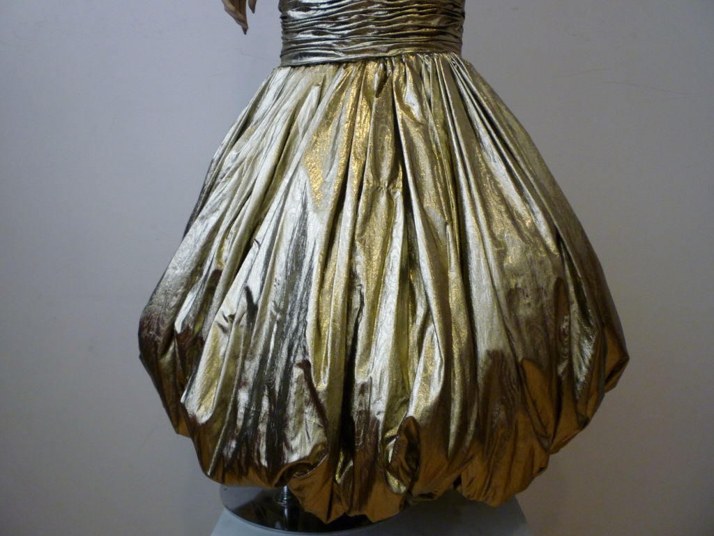 Incredible 1980s Ruched Gold Lamé Bubble Gown 3