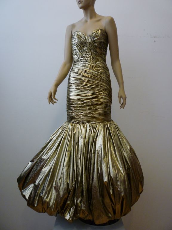Incredible 1980s Ruched Gold Lamé Bubble Gown 4