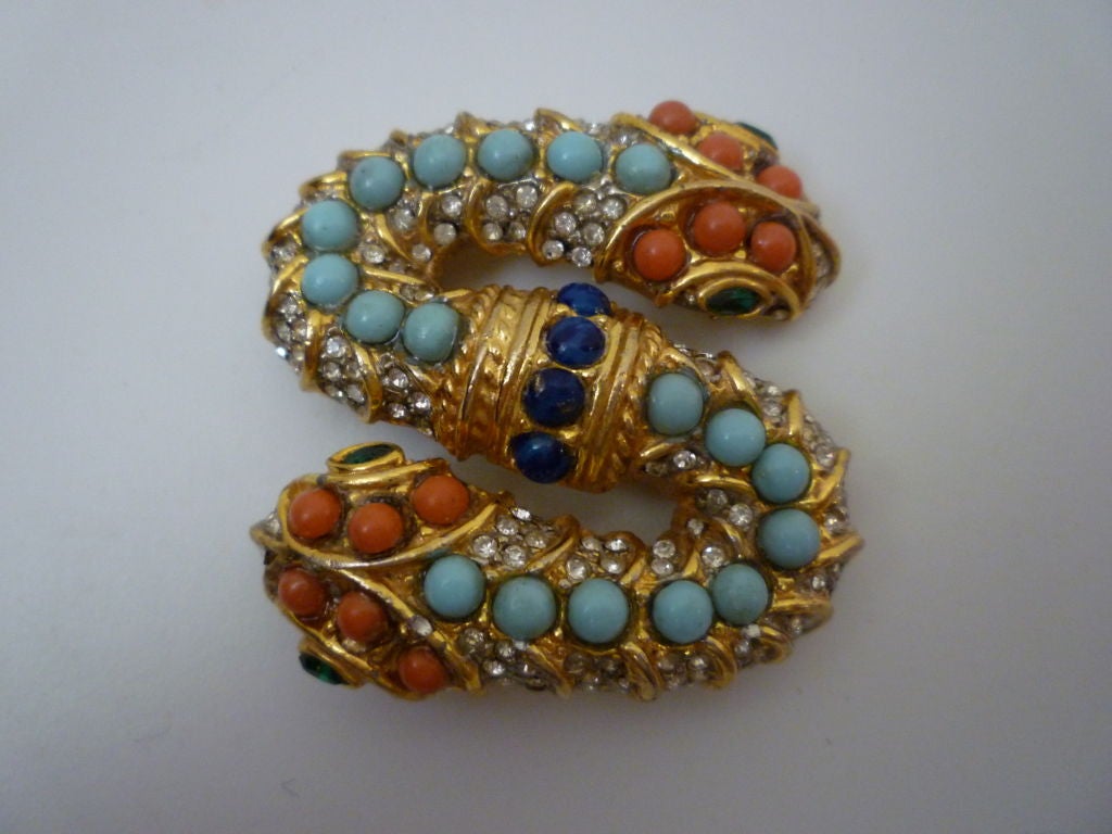 Kenneth J. Lane 60s Jeweled Serpent Brooch