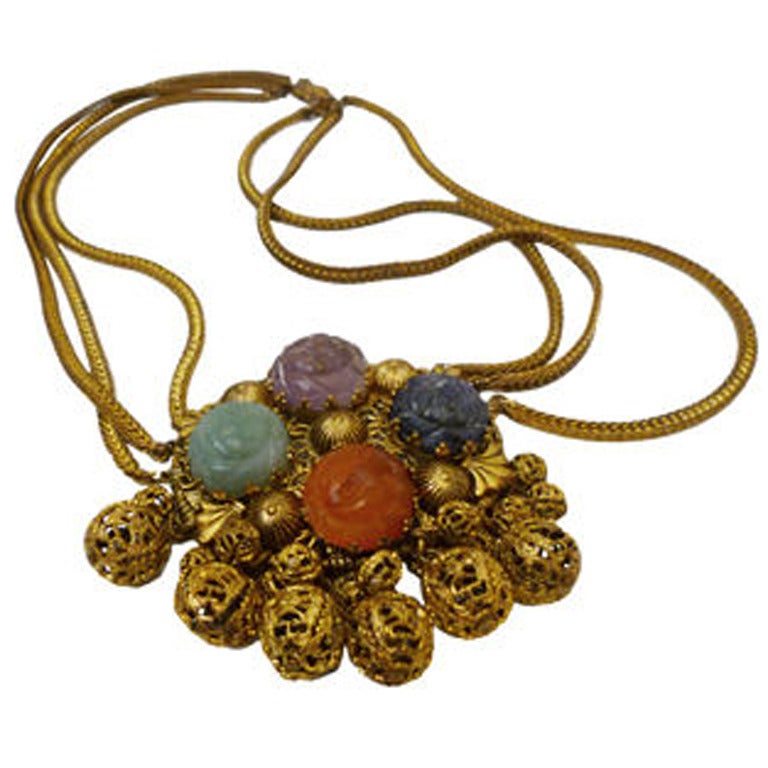 Leo Glass Late 30s Medallion Choker w/ Drops For Sale