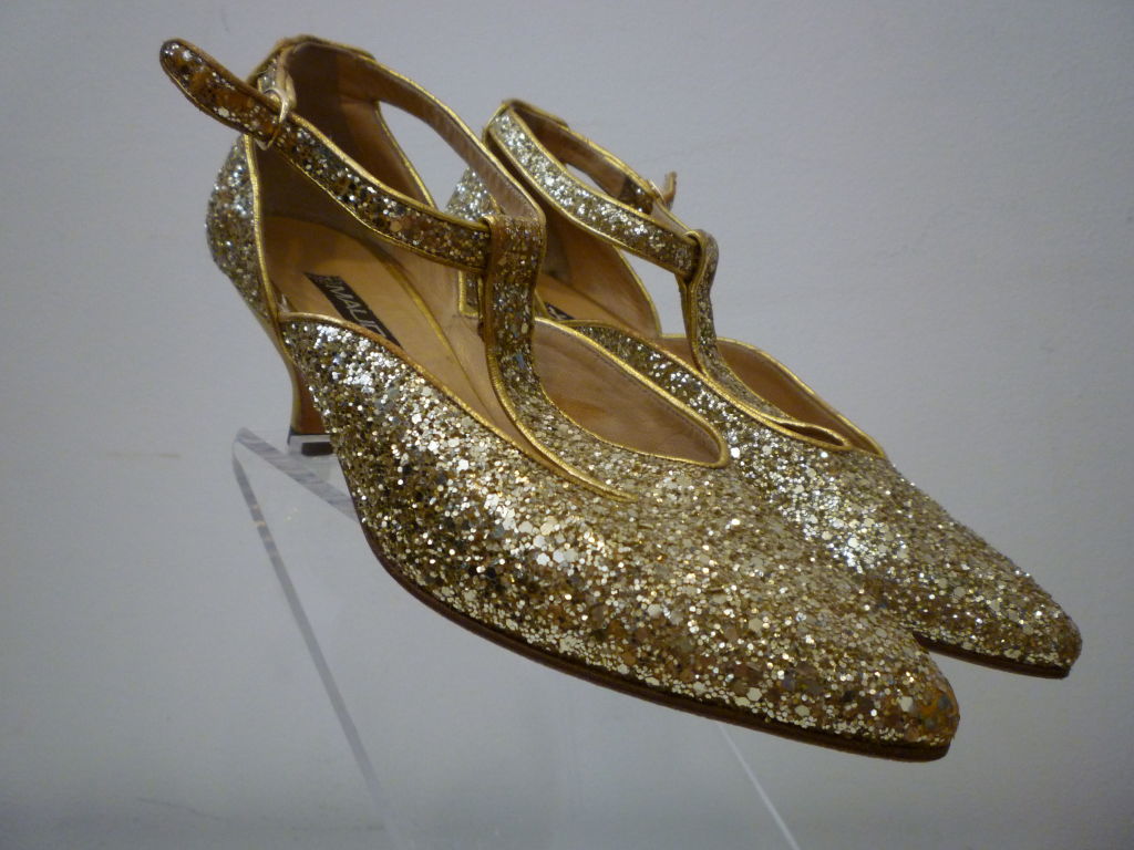 A great whimsical pair of 1980s Maud Frizon  t-strap glitter kitten heels.  Marked a French size 36 1/2.