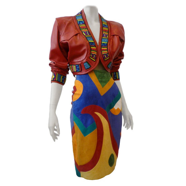 Jean-Claude Jitrois Pop-Art Suede Skirt and Beaded Bolero