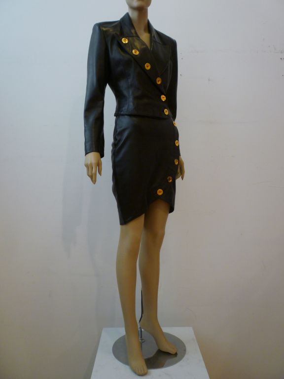 Jean-Claude Jitrois sculpted black leather skirt suit with large 