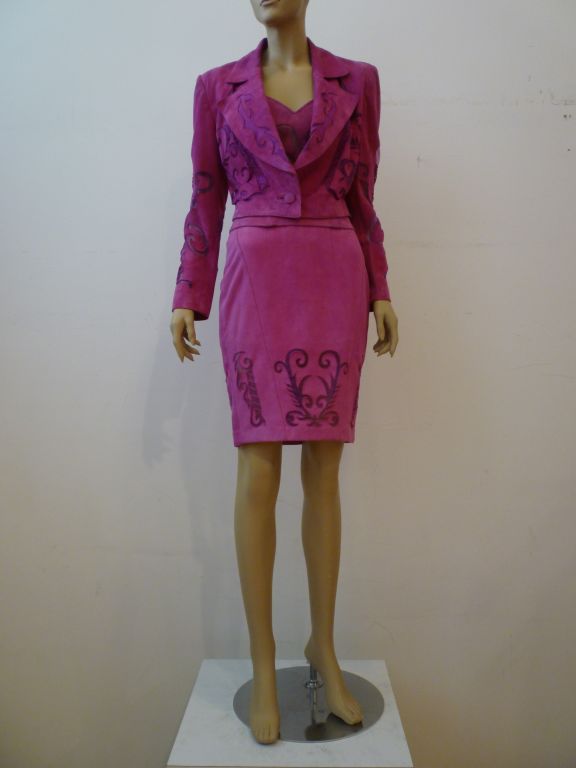 Jean-Claude Jitrois 1980s three piece ensemble in fine fuchsia suede, sculpted with sheer organza insets in all three pieces.  <br />
<br />
Jean-Claude Jitrois made leather pieces of the finest quality in the 80s in Paris with expressly selected