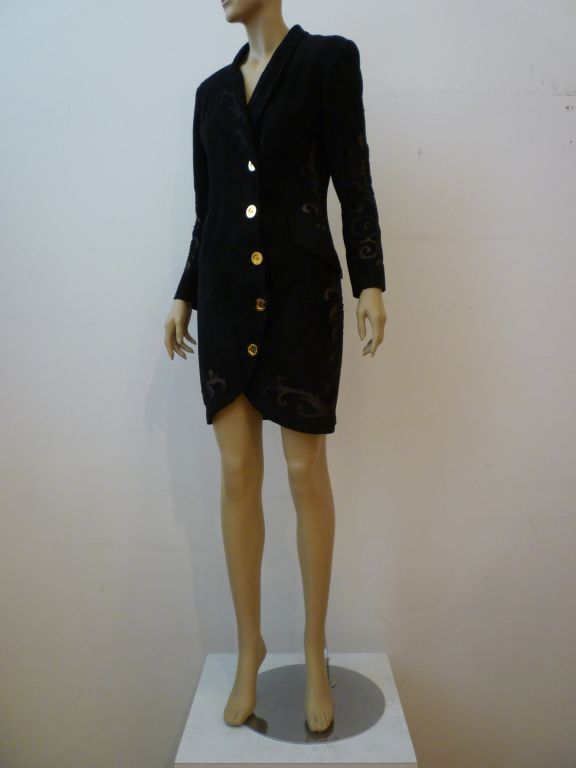Jean-Claude Jitrois 1980s black suede coat dress with gold metal 