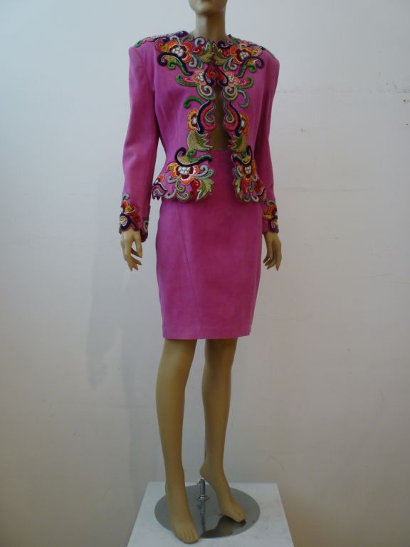 Jean-Claude Jitrois Fuchsia Suede Skirt Suit w/ Embroidery