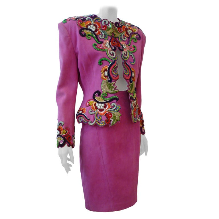 Jean-Claude Jitrois Fuchsia Suede Skirt Suit w/ Embroidery at 1stDibs