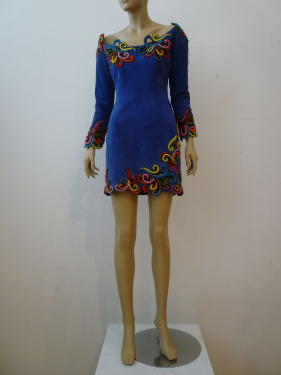 Jean-Claude Jitrois blue suede mini dress with hand-embroidered chenille applique work.  Numbered piece.<br />
<br />
Jean-Claude Jitrois made leather pieces of the finest quality in the 80s in Paris with expressly selected skins, including