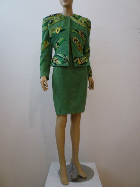 Jean-Claude Jitrois Suede Skirt Suit w/ Embroidered Applique