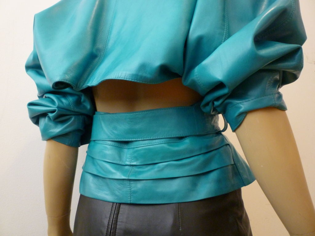 Women's Marc Laurent 80s Turquoise Leather Jacket and Black Skirt