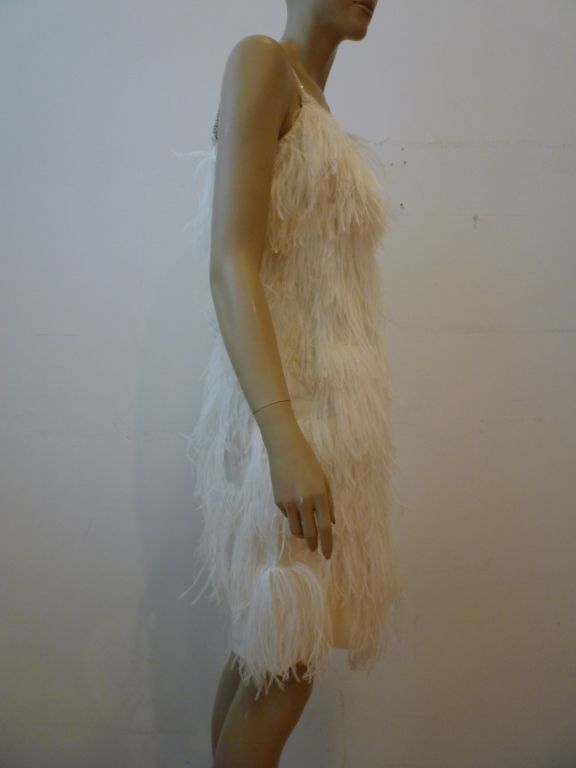 Fantastic Crèation G. Kazazian - Paris!  1960s white cocktail dress completely covered in white ostrich feathers and trimmed at top and straps with rhinestones!  Très chic!