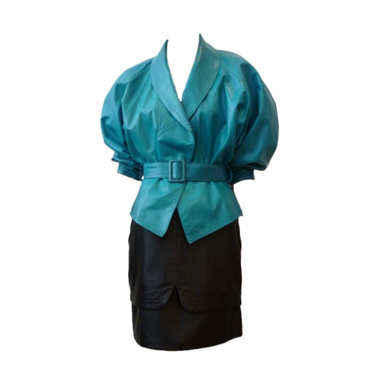 Marc Laurent 80s Turquoise Leather Jacket and Black Skirt