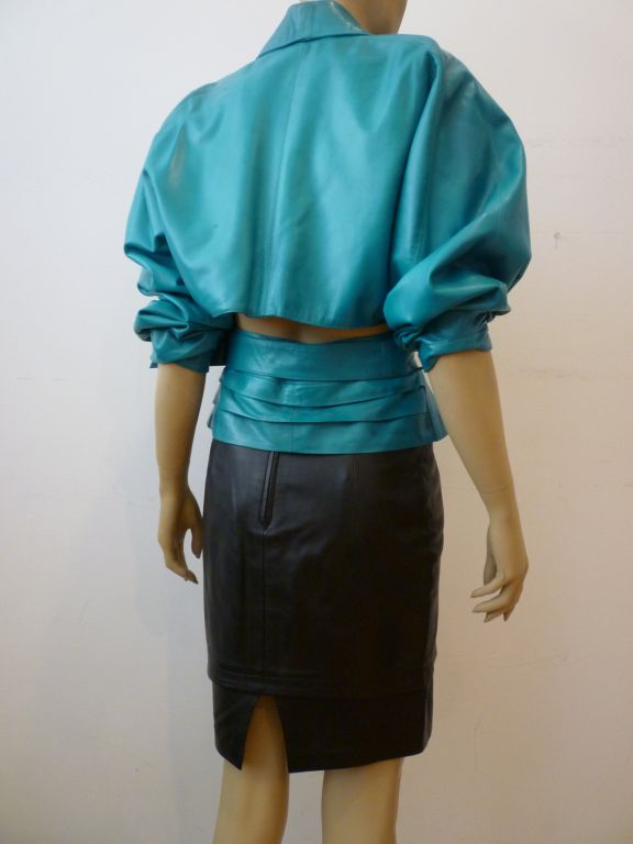 Marc Laurent 80s Turquoise Leather Jacket and Black Skirt 1