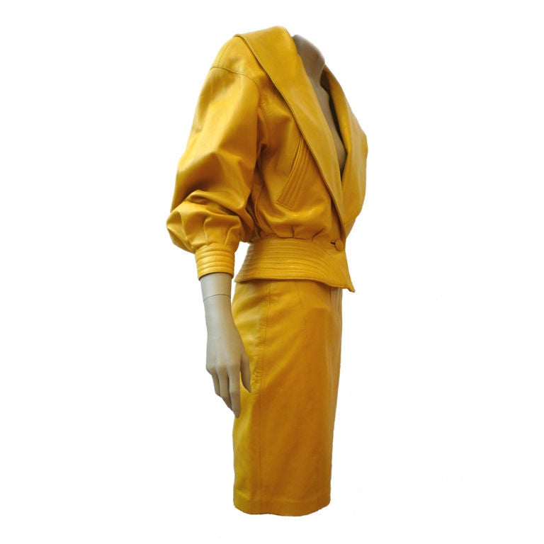 Jean Claude Jitrois Rich Yellow Leather  Suit w/ Shawl Collar
