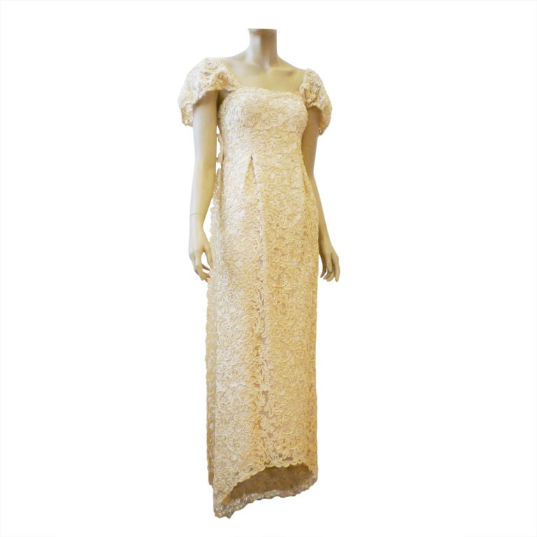 James Galanos 60s Ribbon Embroidered Lace Gown