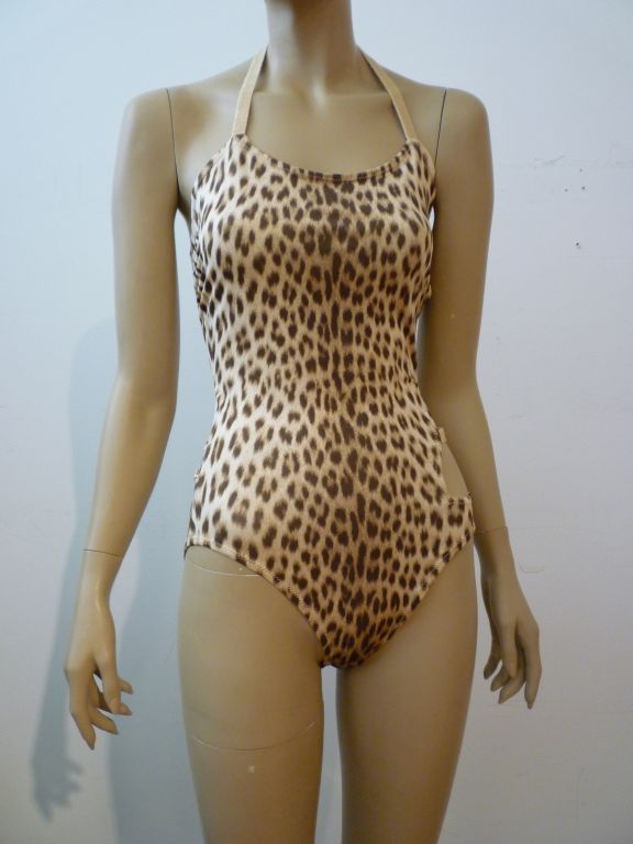 Sexy 70s leopard print nylon spandex one-piece halter swimsuit with side cut-outs and straps!  Approx. size US 8.