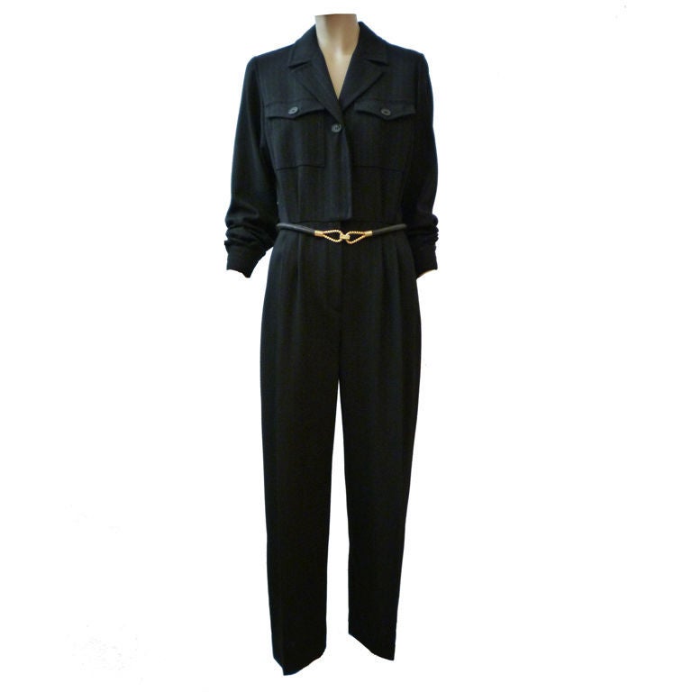 Yves Saint Laurent 1990s wool crepe jumpsuit with pewter metallic pinstripe throughout.  1950s 