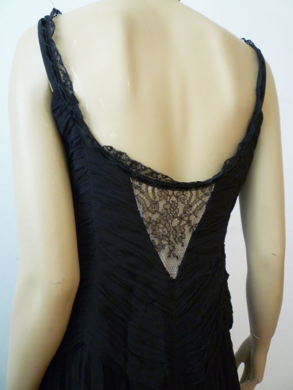 Black Alexander McQueen Ruched Chiffon Dress with Lingerie Lace Insets