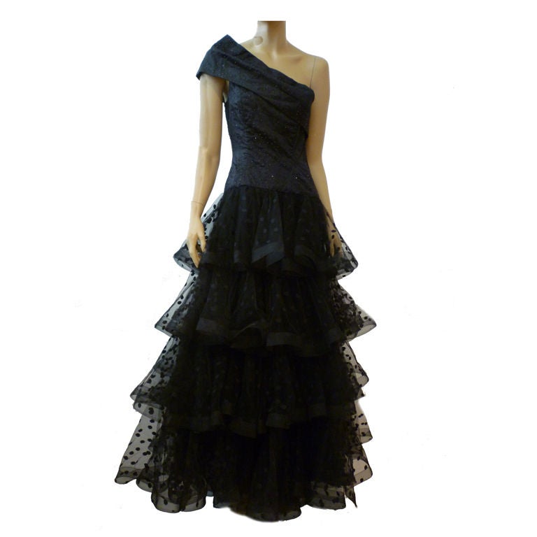 Scaasi One-Shoulder Tiered Point d'Esprit Tulle Gown