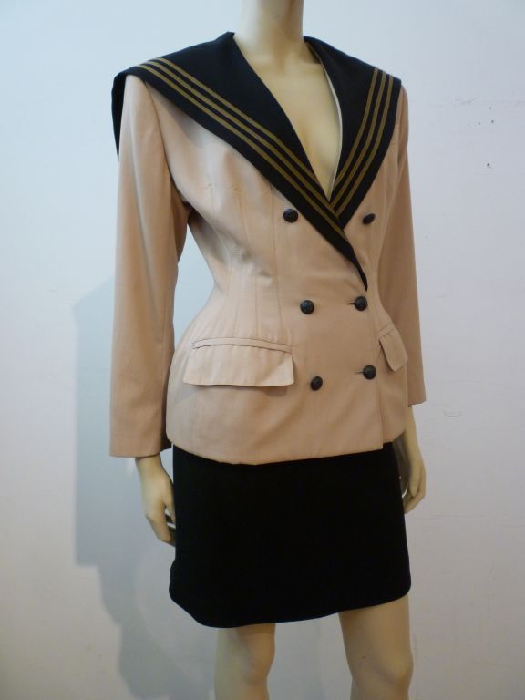Jean Paul Gautier - Femme sailor jacket in cotton twill with rayon lining has great feminine shaping like a New Look jacket.  Nipped waist and curved slightly exaggerated hip shaping is divine!  Marked a French size 38.