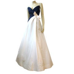 Scaasi Navy and White Silk Strapless Gown