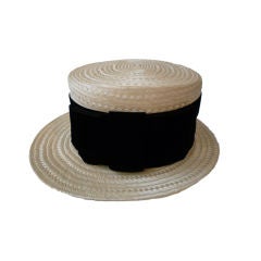 Vintage Chanel Straw Boater Hat w/ Velvet Band