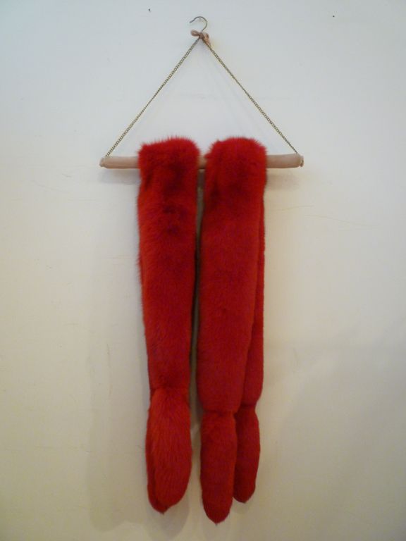 Matching red dyed fox fur boas with tails!  Black velvet back lining. Gorgeous!  <br />
<br />
Dimensions: <br />
88
