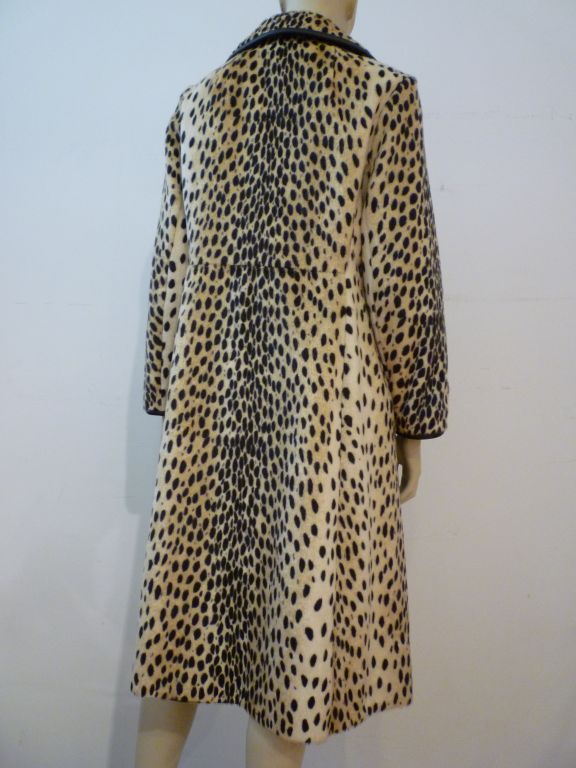 Women's 60s Mod Faux Cheetah Long Coat Trimmed w/ Real Leather