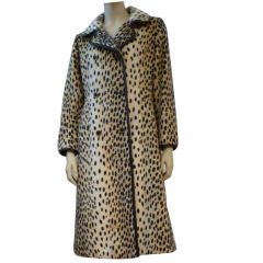 Vintage 60s Mod Faux Cheetah Long Coat Trimmed w/ Real Leather