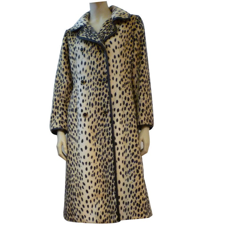 60s Mod Faux Cheetah Long Coat Trimmed w/ Real Leather at 1stDibs