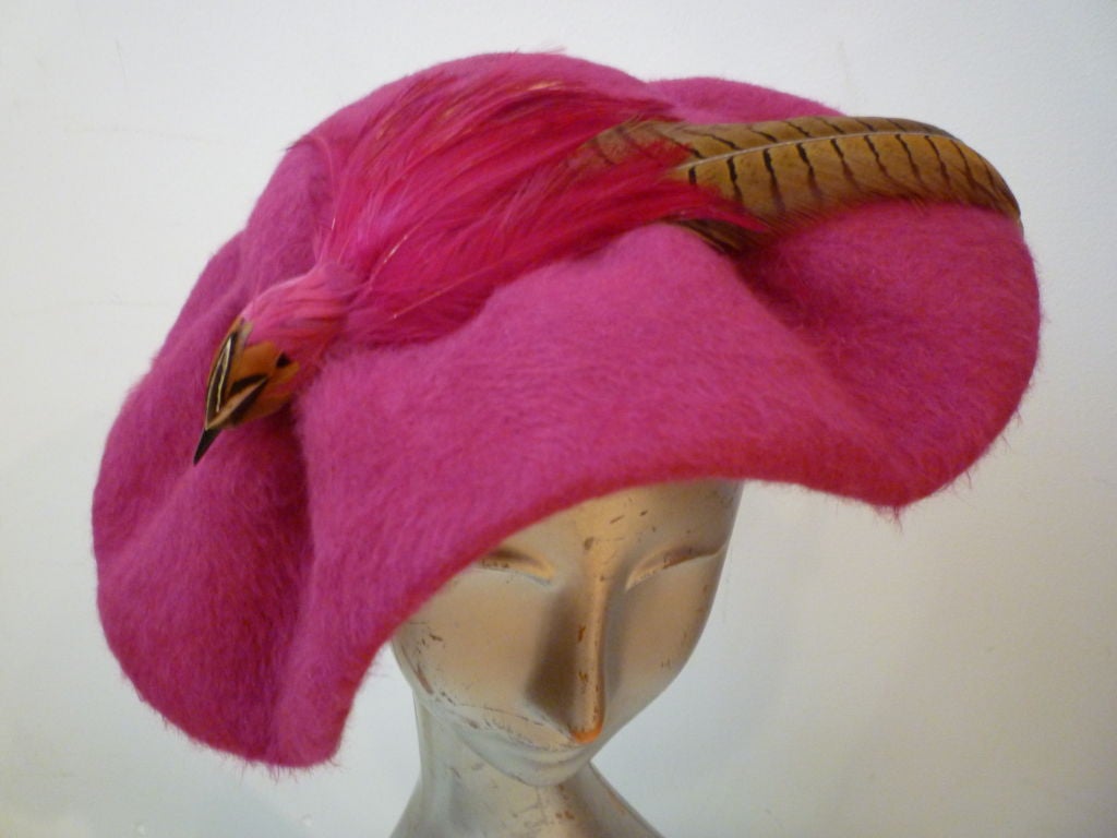 50s Fuchsia Angora Portrait Hat with Feather Bird Trimming