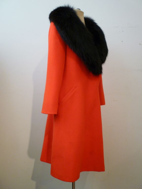 Pauline Trigere Siren Red Wool 60s Wool Coat w/ Plush Black Fox