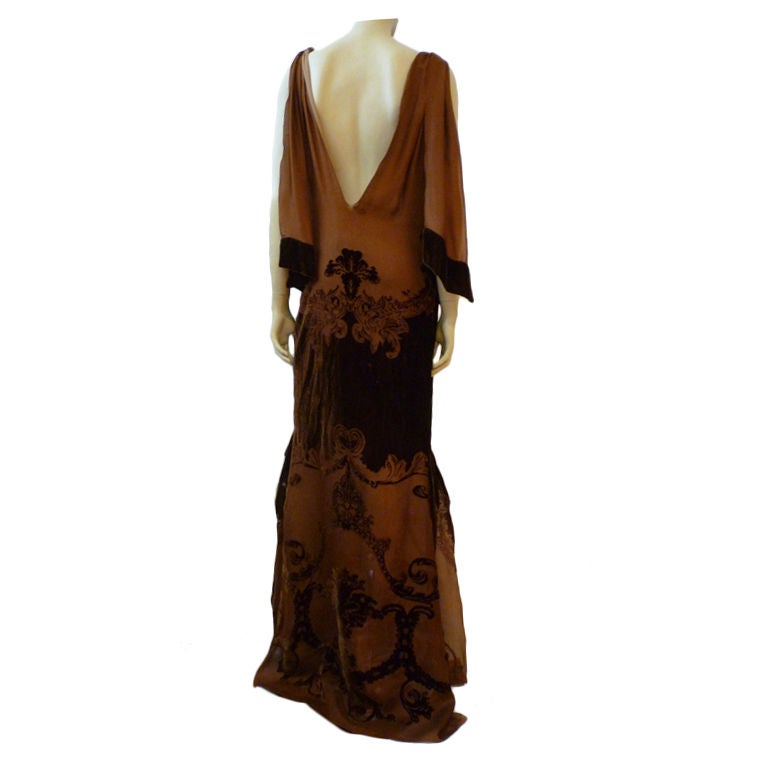 Gianfranco Ferre Brown Silk Velvet and Chiffon Gown at 1stDibs