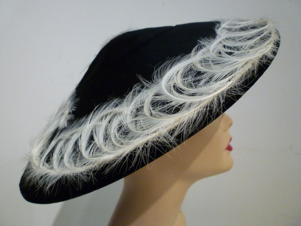 Exceptional 1950s Beaver Felt Cocktail Hat  w/ Egret  Feathers