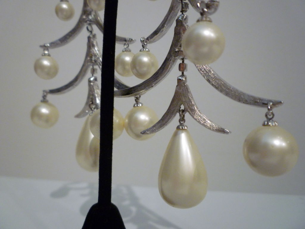 60s Marvella Chandelier Earrings in Rhinestones and Pearl Drops 1