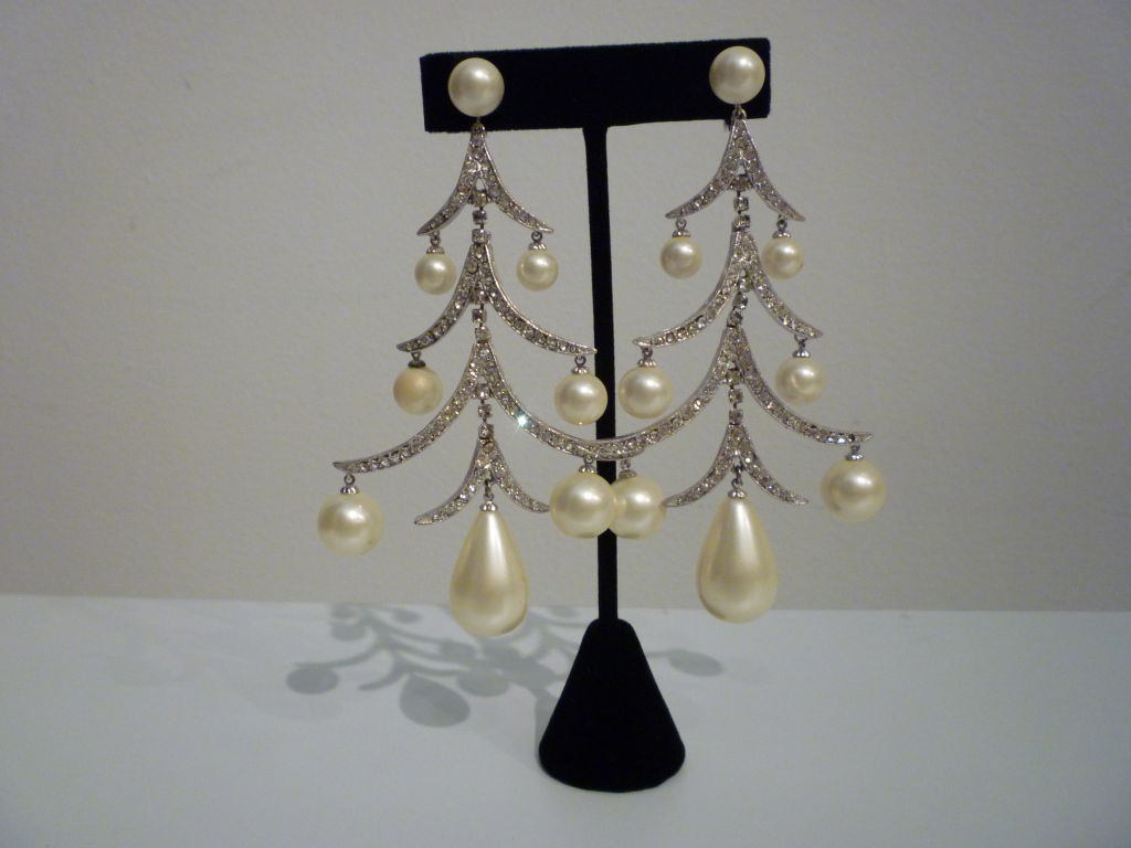 60s Marvella Chandelier Earrings in Rhinestones and Pearl Drops 2