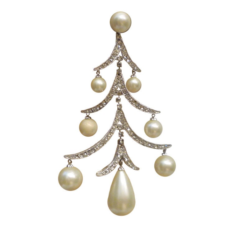 60s Marvella Chandelier Earrings in Rhinestones and Pearl Drops
