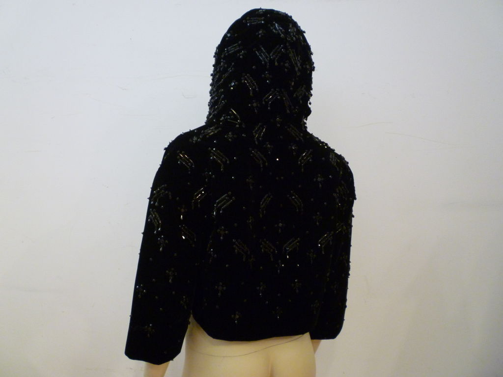 Women's I. Magnin 50s Avant Garde Beaded Velvet Evening Jacket  w/ Hood