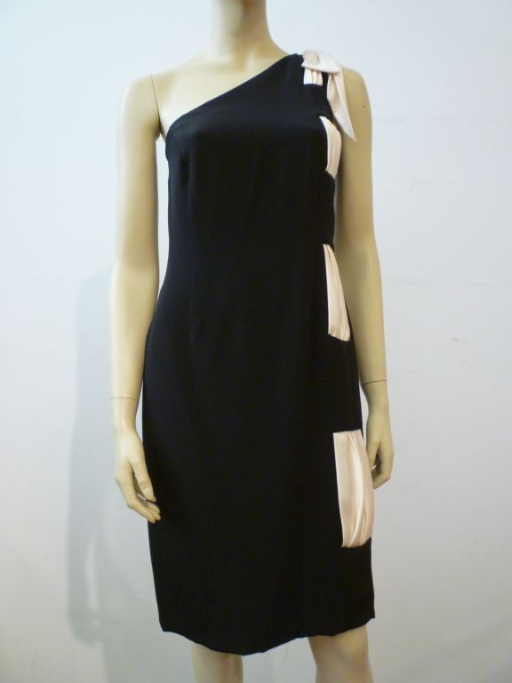 60s One-Shoulder Black Cocktail Dress w/ White Silk Insets