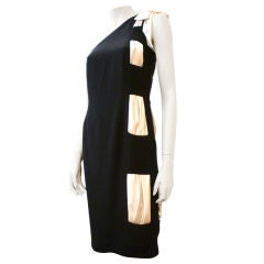 60s One-Shoulder Black Cocktail Dress w/ White Silk Insets