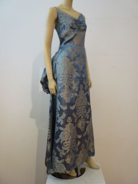 1930s Brocade Evening Gown w/ Low Back and Bustle 2