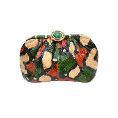 Funky Gorgeous 80s Hand-Painted Snakeskin Bag w/ Malachite Clasp