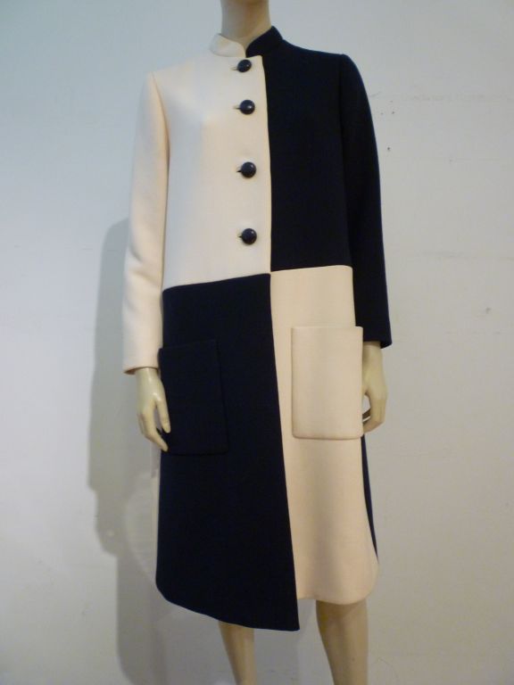 Norman Norell 60s Navy and Cream Checkerboard Wool Coat 1