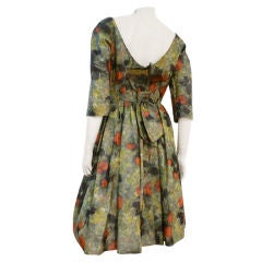 50s Watered Silk Floral Party Dress with Obi-Inspired Bow