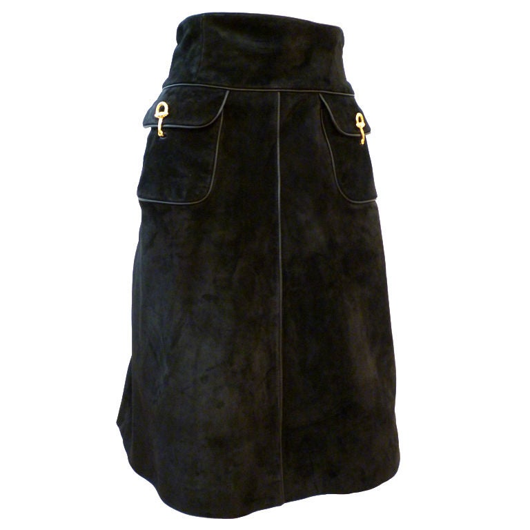 Gucci Genuine 70s Black Suede Skirt with Piping & Metal Toggle