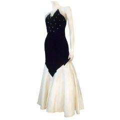 50s Black Velvet and White Satin Strapless Gown w/ Rhinestones