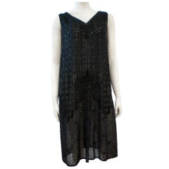 1920s Black Silk Hand-Beaded Chemise Dress -