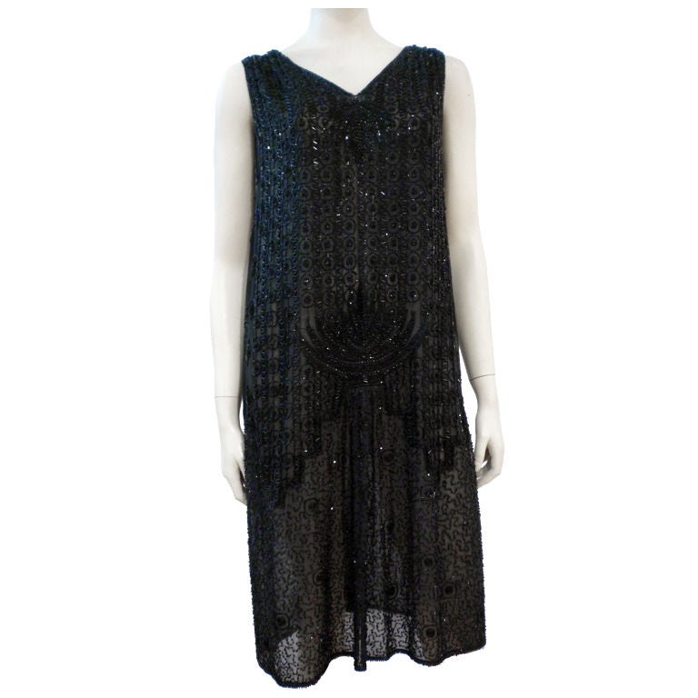 1920s Black Silk Hand-Beaded Chemise Dress - at 1stdibs