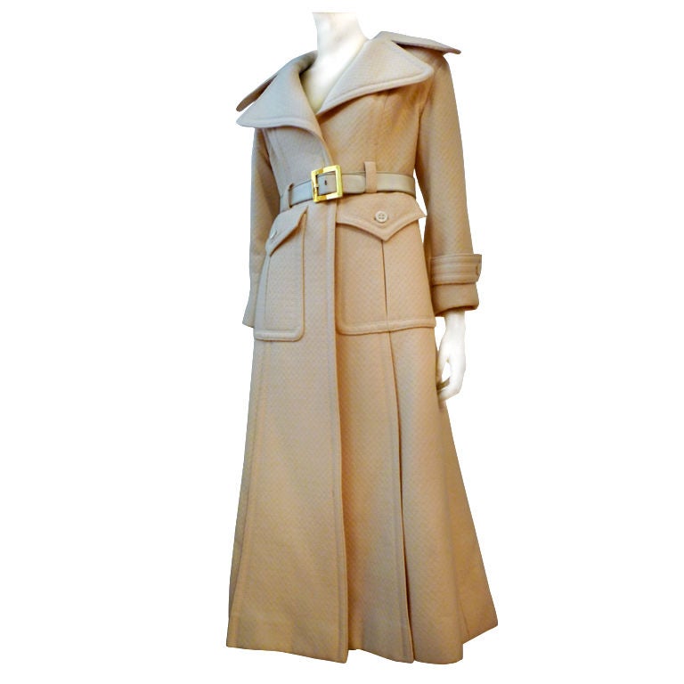 Galanos 70s Trench Style Maxi Coat in Cream Wool